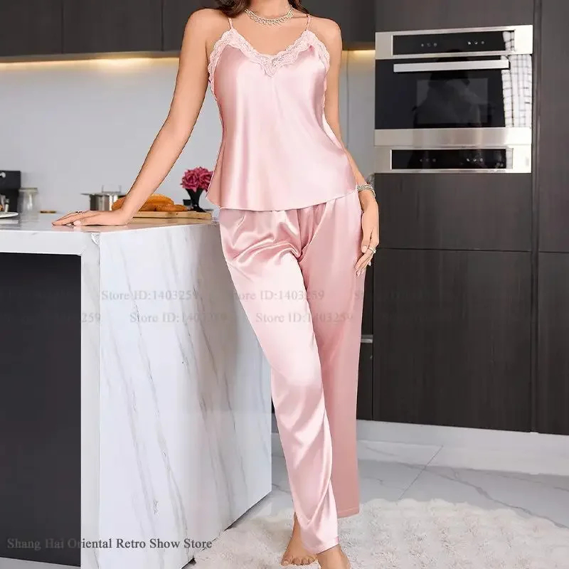 

Women Sleeveless Pajamas Set Loungewear Silky Satin Homewear Trouser Pijamas Set Spring Summer Loose Casual Loungewear Pyjama