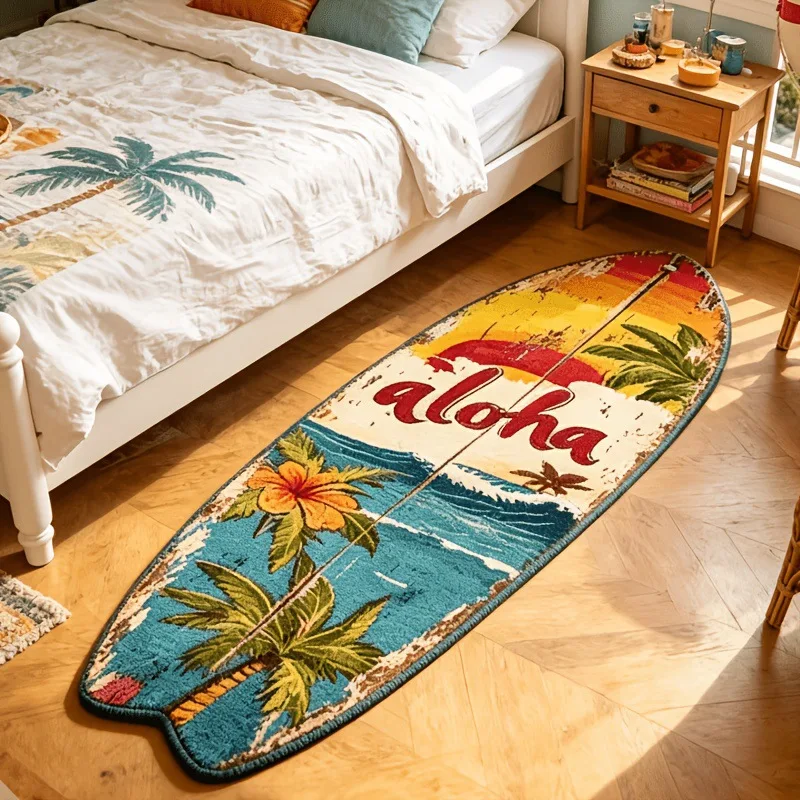 Aloha Summer Tropical Surfboard Shaped Area Rug Faux Cashmere Soft Non Slip Bedside Rug Washable Floor Mat Bedroom Home Decor