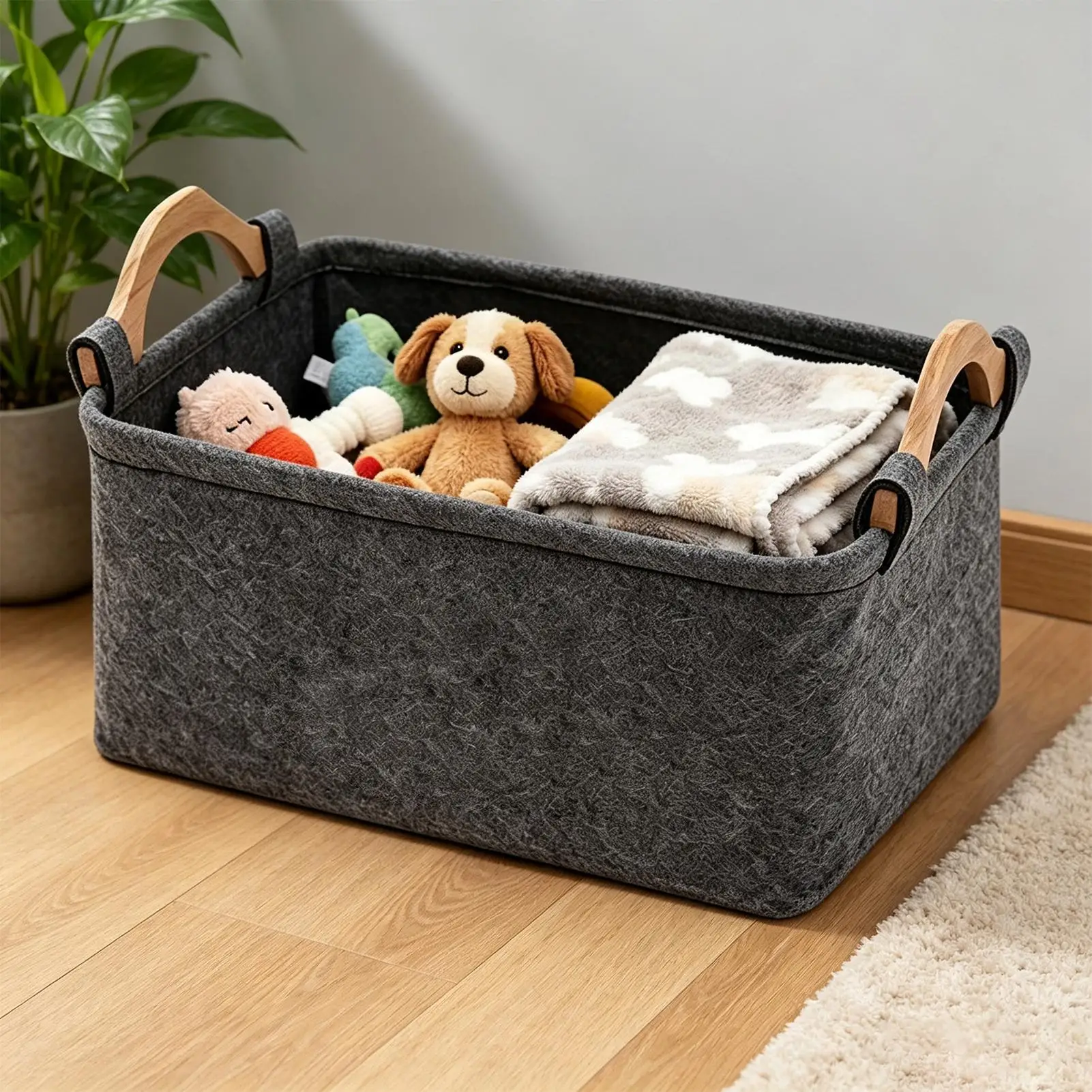 Dog Toy Basket Cute Pattern Felt Foldable Bin with Wooden Handle Pet Toy Basket for Kids Blankets Collars Leashes Indoor Outdoor