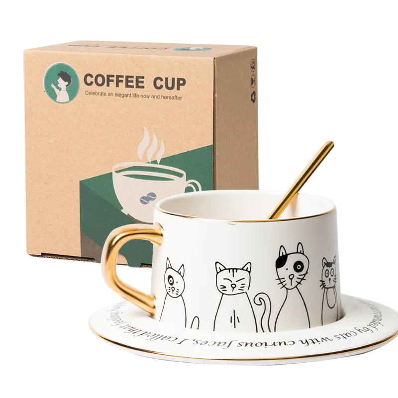 Ceramic Coffee Cup Set Cartoon Cat Tea Cup With Saucer Spoon Breakfast Milk Coffee Mug Bread Dessert Dish Creative Couple Gift