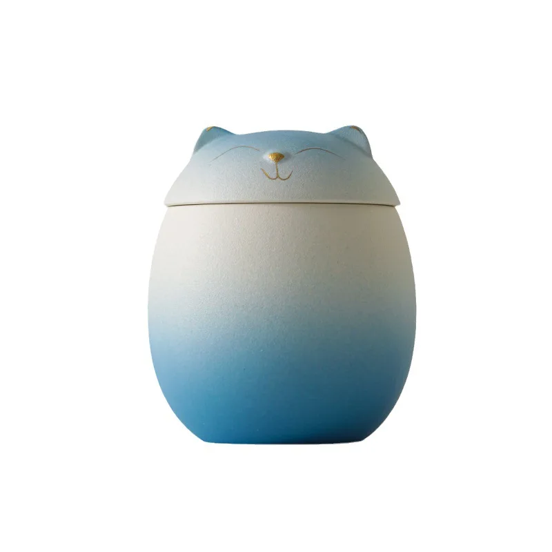 Fortune Cat Tea Canister Handmade Ceramic Gradient Color Tea Canister Sealing Jar Home Moisture Small Tea Warehouse