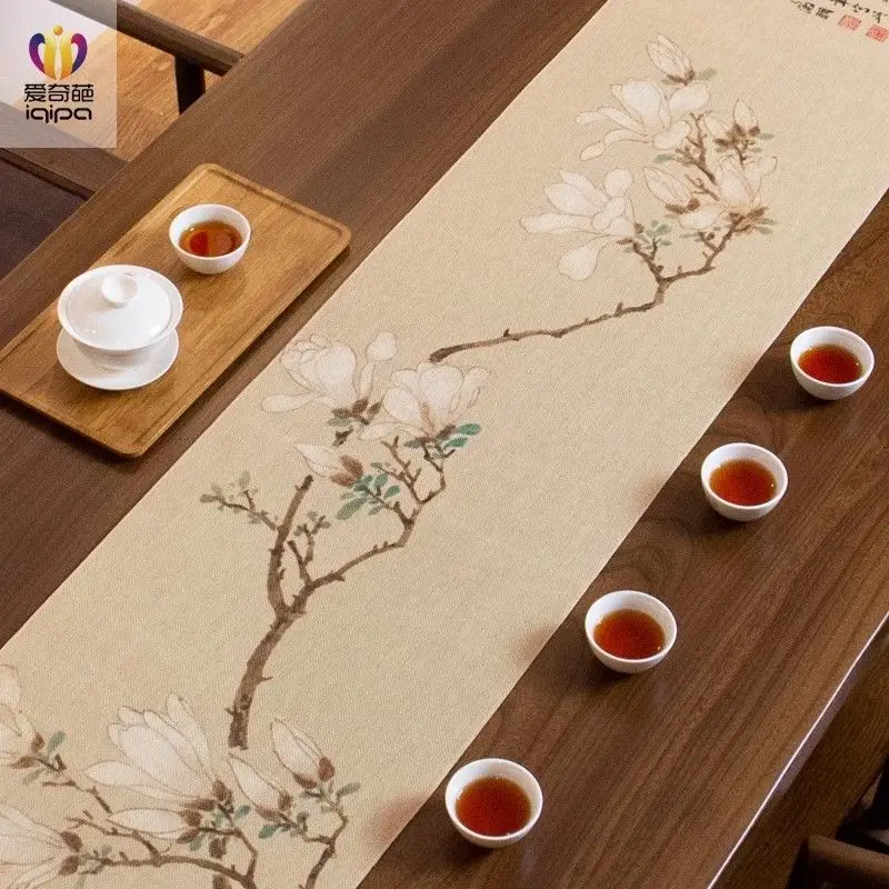 Japanese Zen Table Runners Magnolia - Premium Linen-Cotton Blend Waterproof Tea Mat for Tea Room Decor, Elegant Table Decoration
