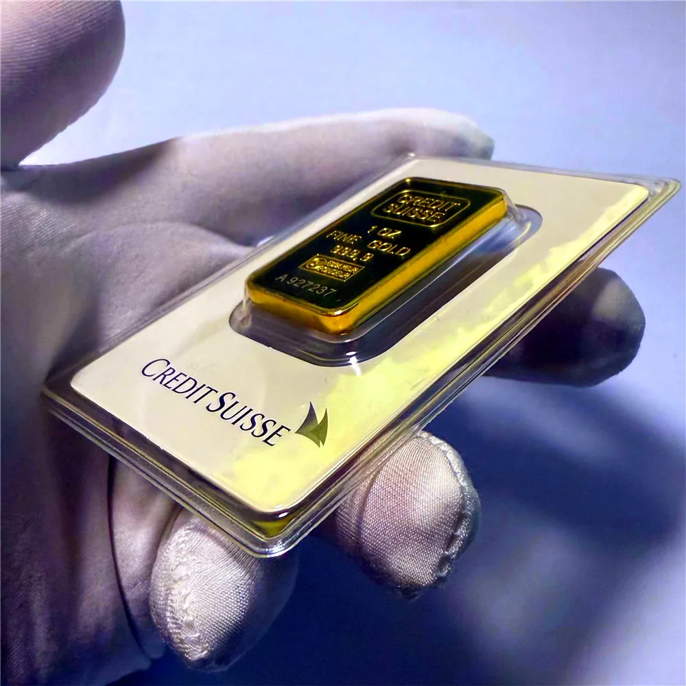 

1 OZ Gold CREDIT SUISSE Bar 24ct Gold Plated Layered Bullion Bar Transparent Acrylic Sealed Packaging Individual Serial Number