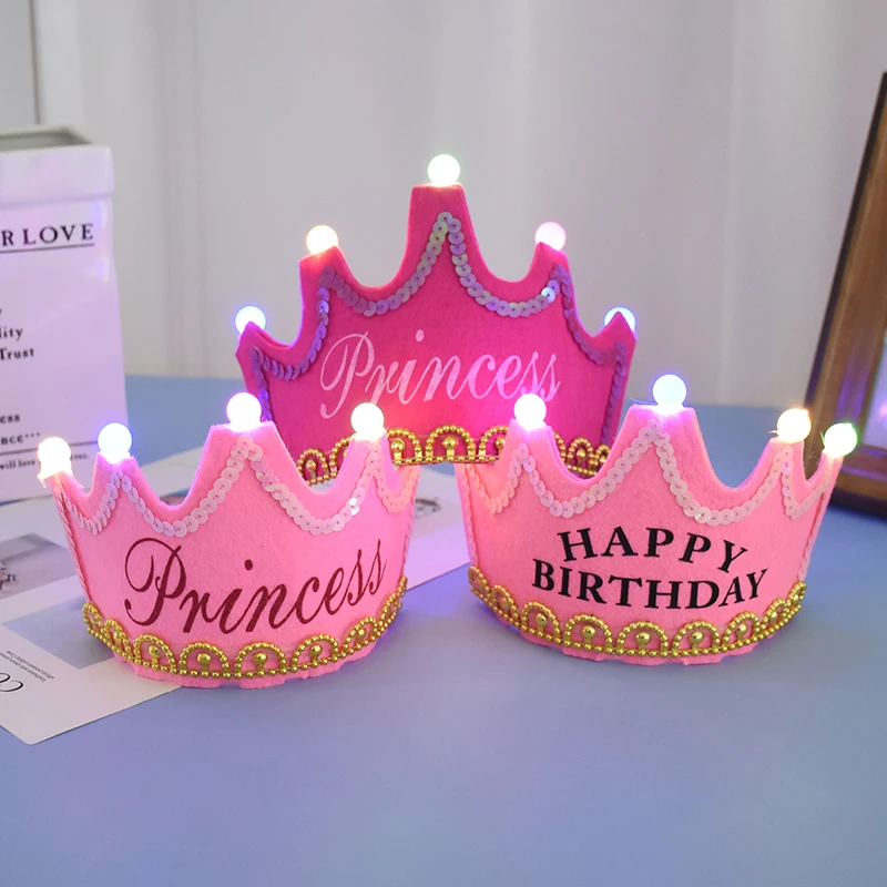 Happy Birthday Glowing Hats LED Light King Princess Crown Headband for Girls Boys Birthday Party Decoration Baby Shower Supplies