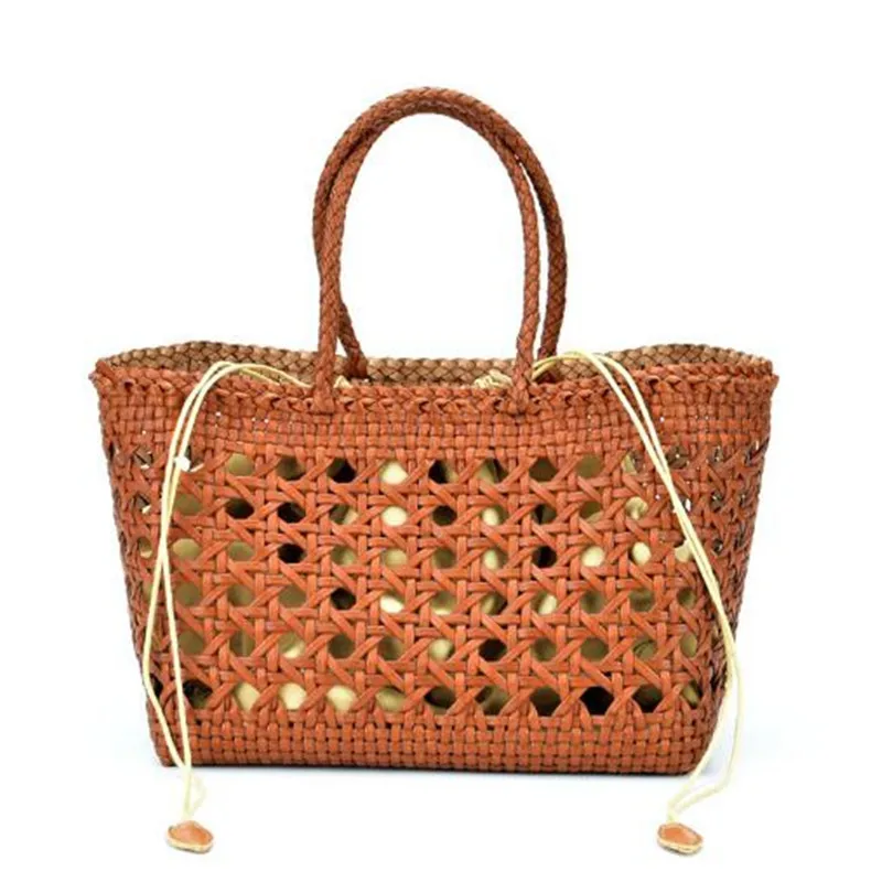 Japan and South Korea Beach Bags Braided cowhide hollowed-out vegetable  shopping basket bag