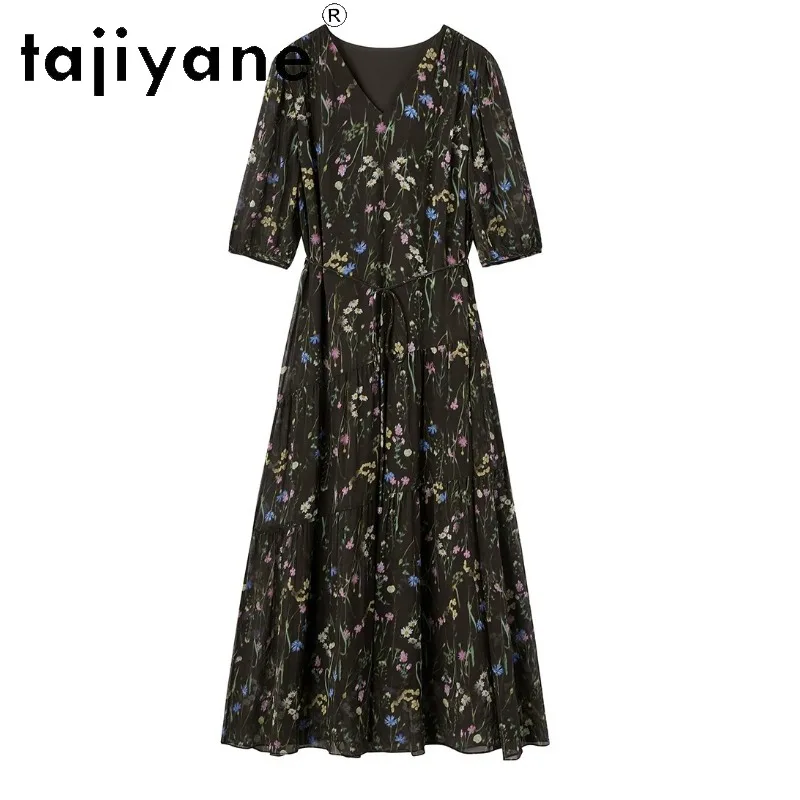 TAJIYANE 100% Mulberry Silk Dress Georgette Oil Painting Floral Dresses for Woman Midi Dress Puff Sleeve Summer Dresses 2026 원피스
