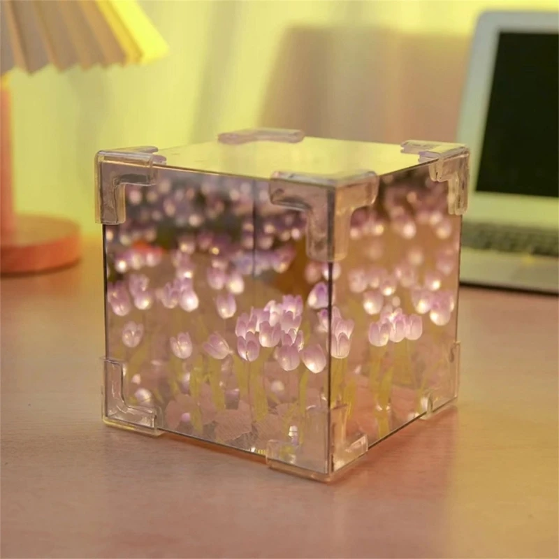 3D Cube Mirror Tulips Night Light DIY Kits 21Pieces Flower Handmade Night Lamp Romance Home Room Desktop Decors Craft