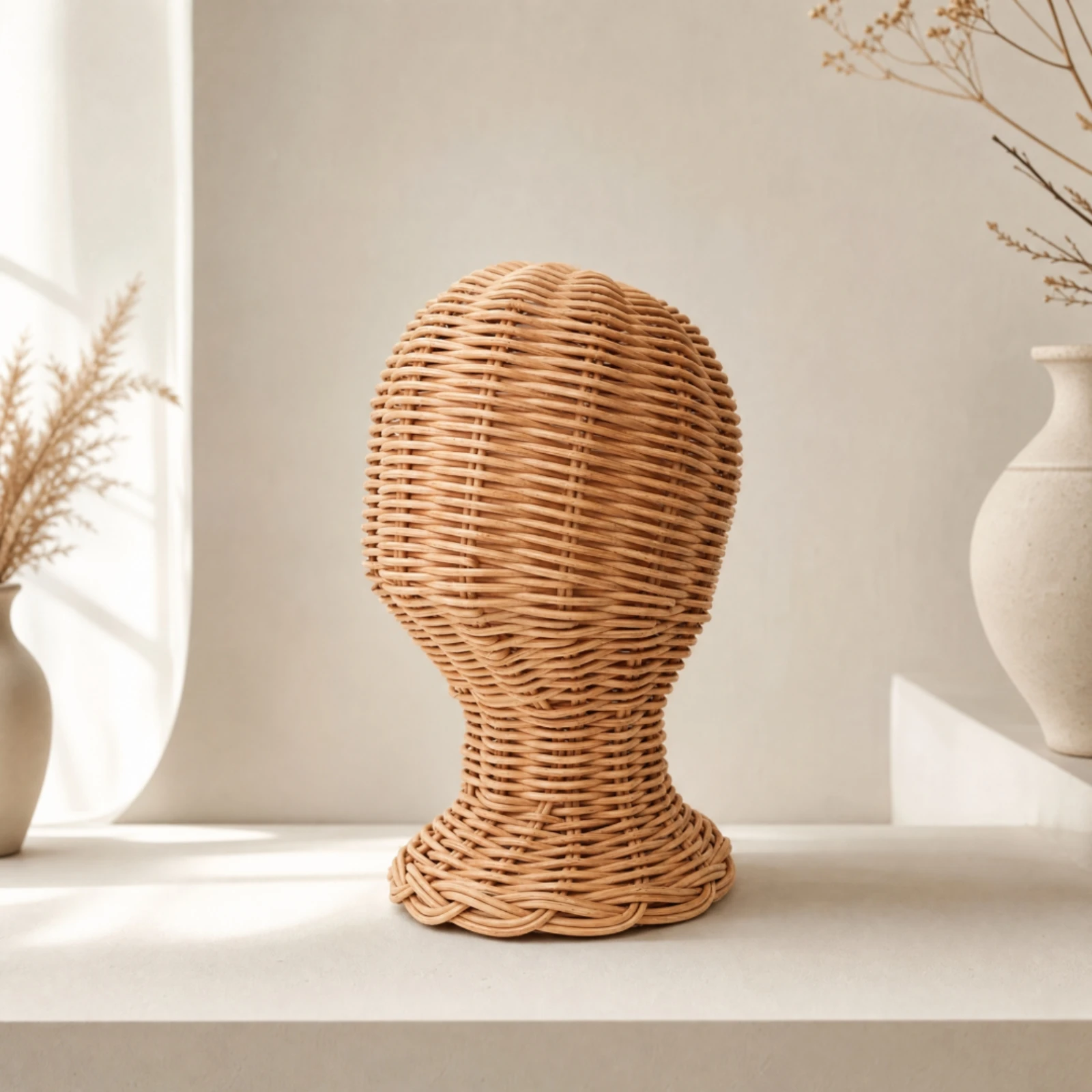 Mannequin Head Natural Rattan Mannequin Head with Stable Base Freestanding Hat Stand with Woven Base Handwoven
