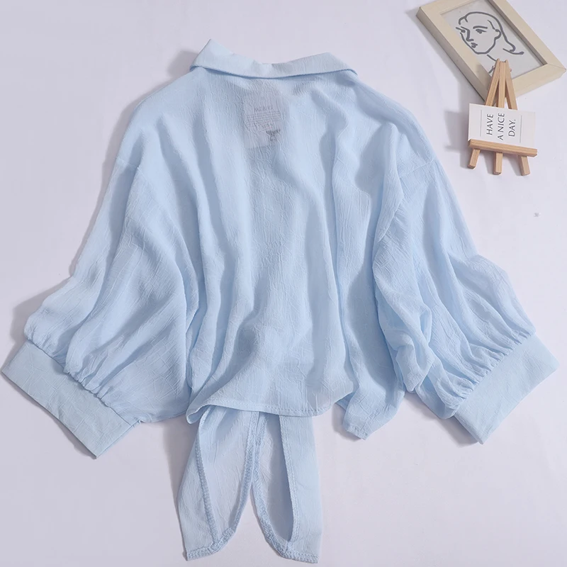 Chiffon Shirt for Women Spring Summer Lace-up Thin Short Shirt Casual Fashion Batwing Sleeve Loose Blouse Shirts Sweet Color