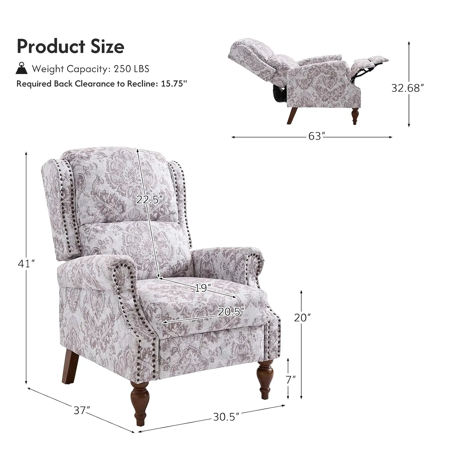 Floral Fabric Recliner Wingback Chair, Single Sofa with Lumbar Support & Rivet for Living Room Bedroom, Beige, Customized