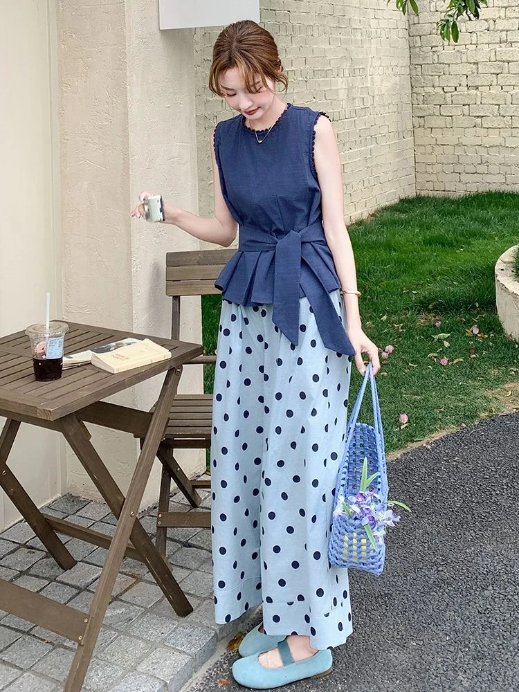 

Pant Sets for Women 2 Pieces Holiday Outfits Korea Stylish New in Matching Groups Korean Style Cheap Polka Dots Trousers Woman