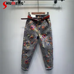 2023 Spring Autumn European Ethnic Style Oversized Printed Jeans Retro Loose Ankle-Tied Harem Trousers Fashionable Denim Pants