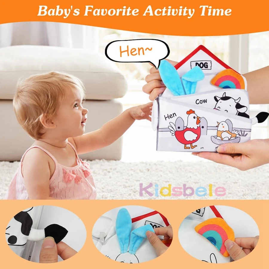 Baby-Crinkle-Stoffbuch mit Plüschtier-Zubehör, Montessori-Sensoriklernen, Soft-Touch-Bücher für Neugeborene von 0–36 Monaten