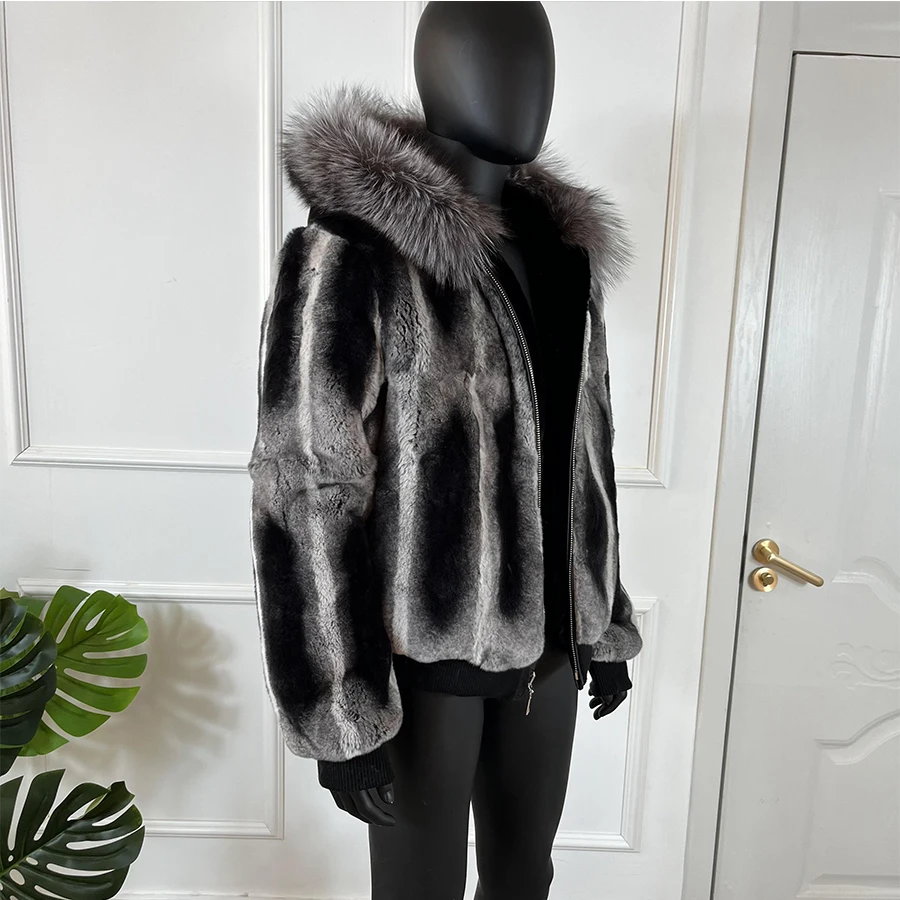 Natural Rabbit Fur Coat With Hood Real Fox Fur Collar Men's Winter Warm Rex Rabbit Fur Jackets Best Selling