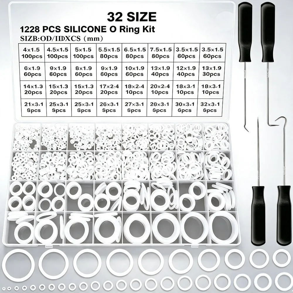 1228Pcs White VMQ Silicone O Rings Assortment Kit 32 Sizes Metric 4-32mm OD Seal Set with Pick Hook & 4 Black Handle Screwdriver