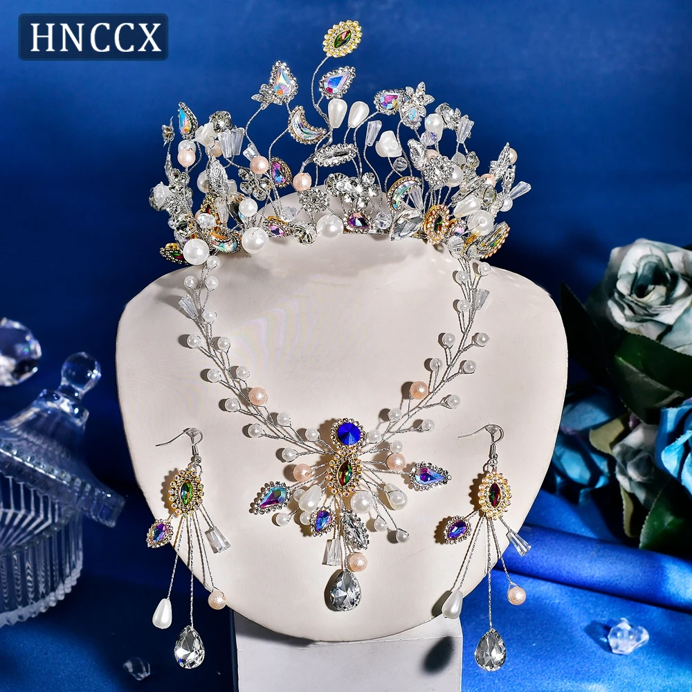 

HNCCX Fashion Crystal Rhinestone Crowns Set Headbands Women Bride Wedding Pearl Headpieces Hair Accessories Handmade Tiara CP844