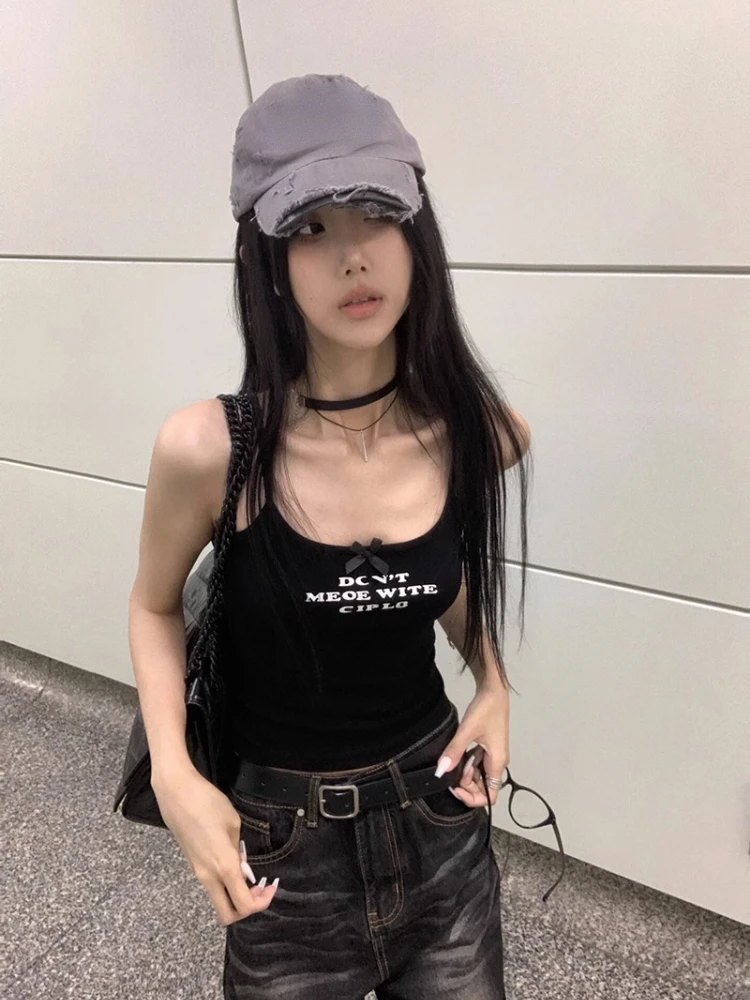 Black Y2k Aesthetic Sexy Letter Print Camisole Slim Chic Trendy Streetwear Fashion Crop Top All Match Vintage Casual Tanks Women