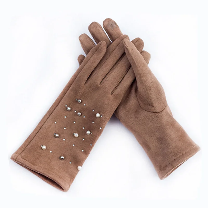 Women Winter Suede Leather Thick Plush Warm Driving Mitten Pearl Hot Drill Embroidered Flowers Touch Screen Cycling Glove O100