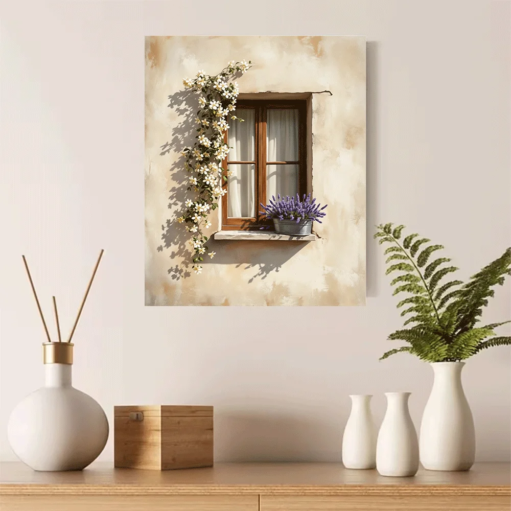 1PC-Canvas poster Unframed  Window With Flowers And Lavender Garden Art Print  summer