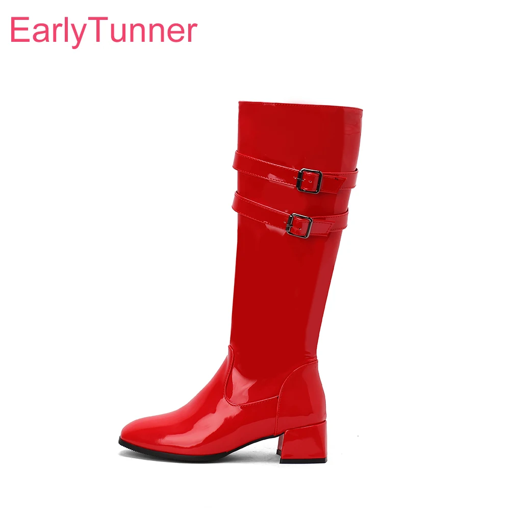 

2025 New Winter Glossy Red Black Women Knee High Boots Mid Block Heel Office Lady Formal Shoes Plus Small Big Size 11 32 43 46