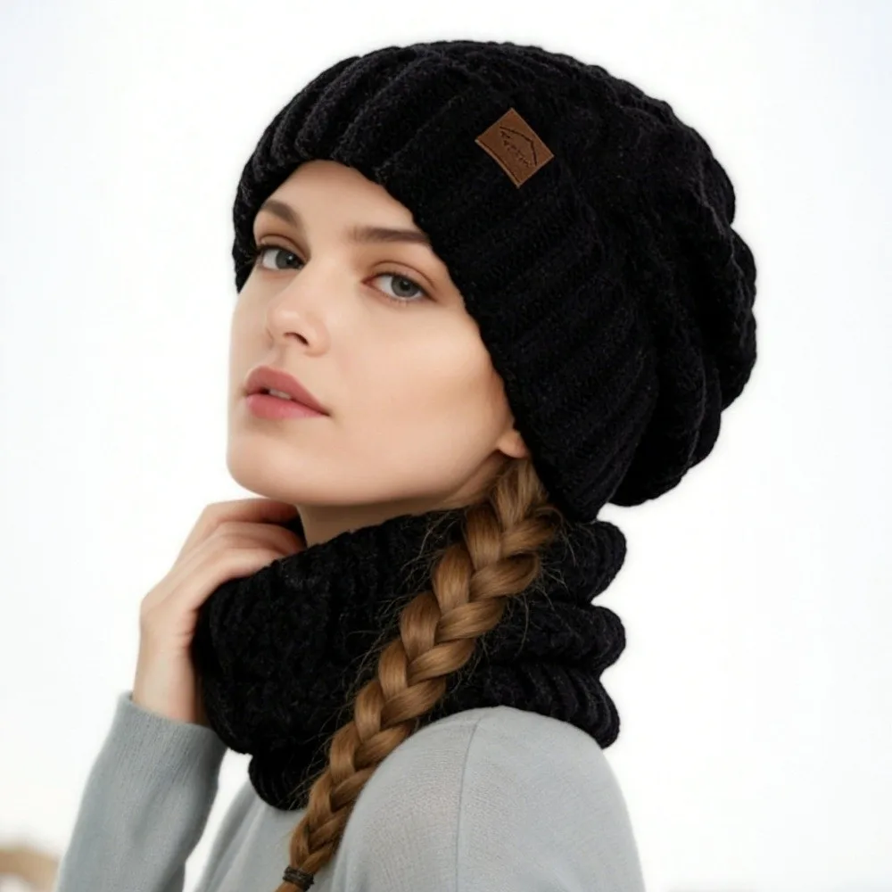 2Pcs/Set Casual Windproof Knitted Hat Scarf Set Thickened Keep Warm Beanies Cap Cold-proof Ear Protection Cap Winter