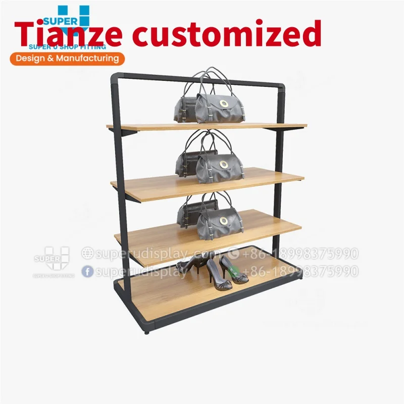 

(customized)China Bag and Shoe Display Shelves Showcase Design Floorstanding Luxury Wood Leather Shoes and bag display