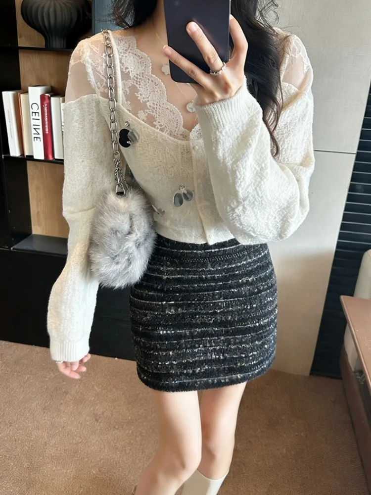 SMTHMA Gonna corta in lana di Capodanno stile piccolo profumato da donna con paillettes a trapezio sexy per ragazza piccante rossa