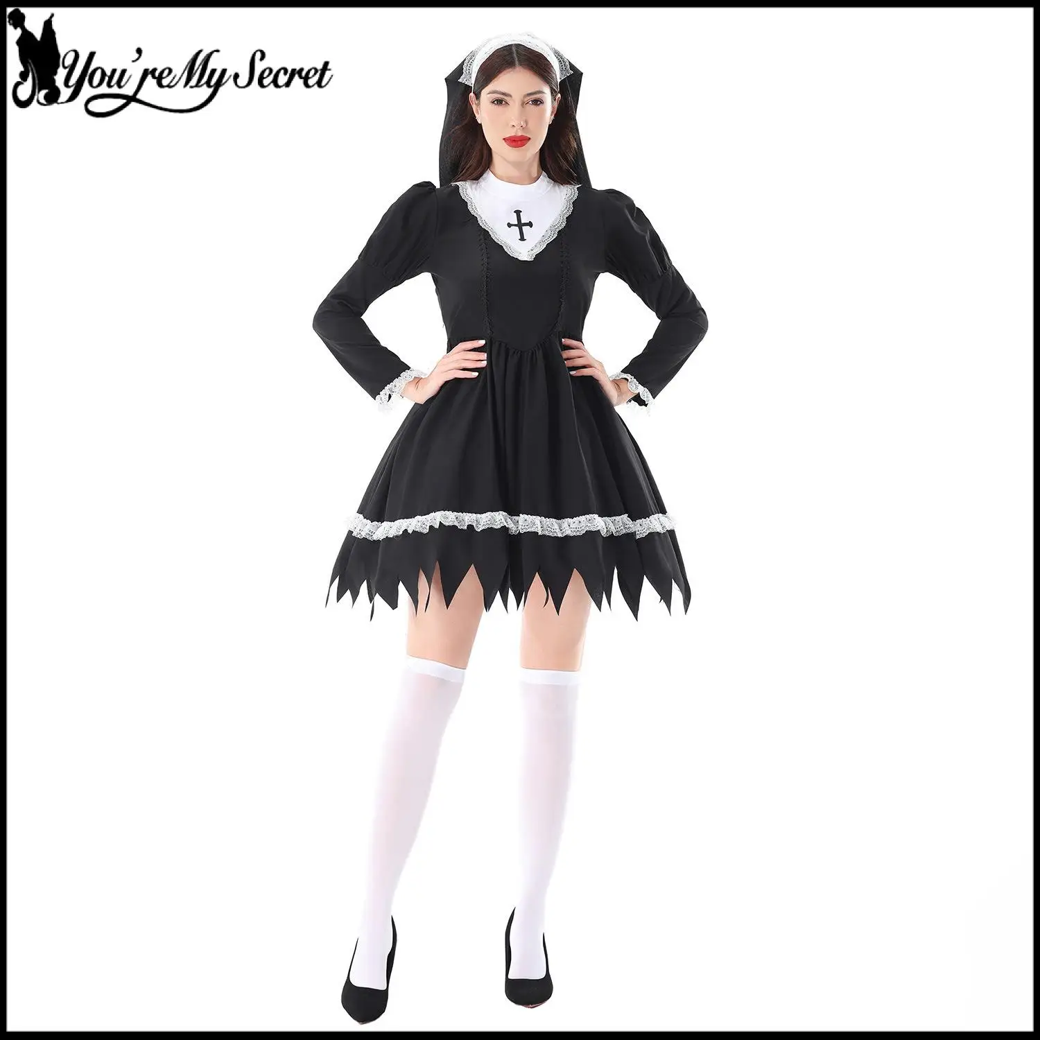 

[You're My Secret] Halloween Nun Balck Dress Suit Cross Carnival Party Nun Stage Performance Gothic Long Sleeve Ghost Dress