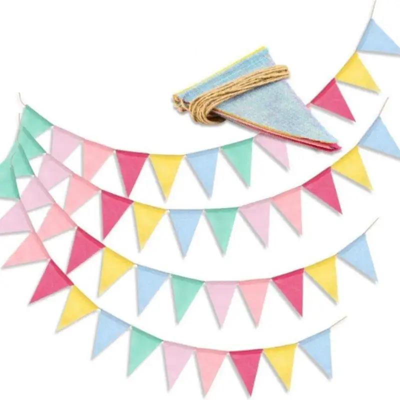 Vintage Colorful Burlap Linen Bunting Flags Pennant For Happy Birthday Party Wedding Decoration Candy Bar