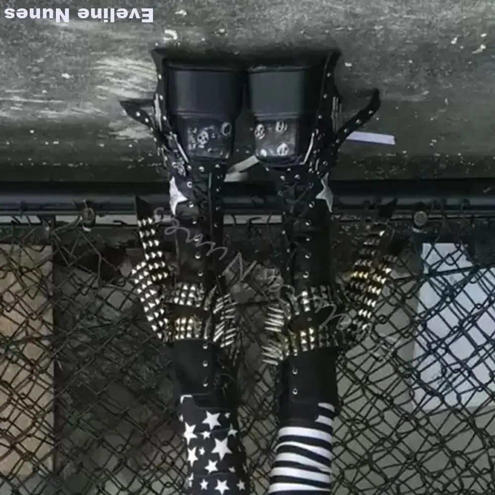Square Toe Super High Heeled Platform Boots Men Punk Spiked Skull Five-star Print Knee High Boots 2026 New Cool Gail Long Boot