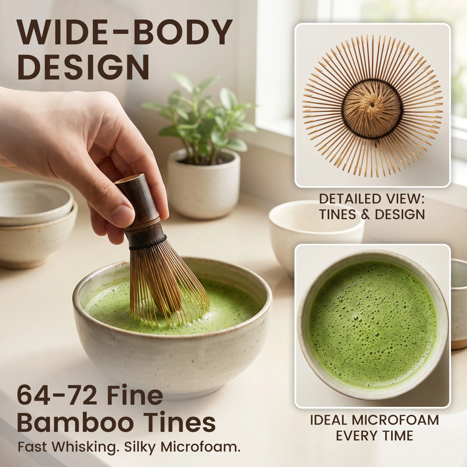 Bamboo Matcha Whisk with Cover 64-72 Fine Tines Chasen Purple Bamboo Wide Body Matcha Whisk Comfortable Grips Matcha Brush Tools