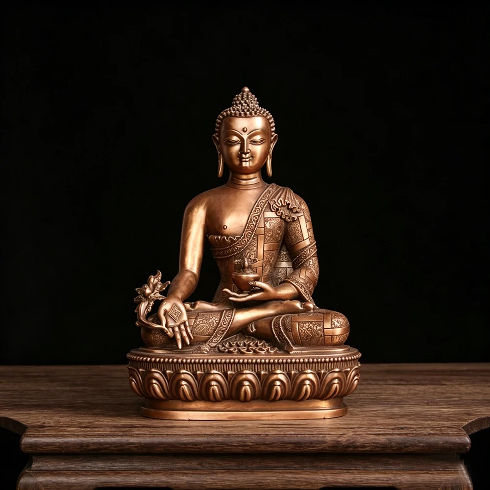 Small Sambo Buddha bronze statue,  Red copper Shakyamuni Amitabha Medicine Buddha statue, Home offerings ornaments handicrafts