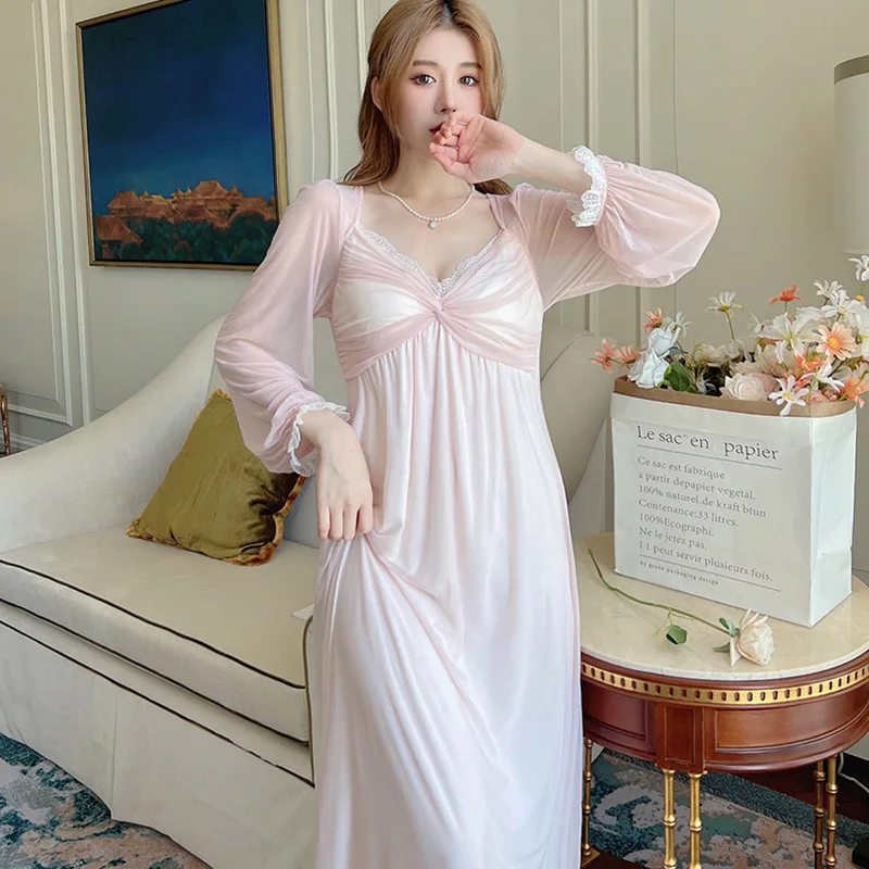 Women Long Nightgown Sleepwear Spring Summer French Sexy Fairy Palace Style Nightdress Casual Mesh Home Clothes Lounge Wear