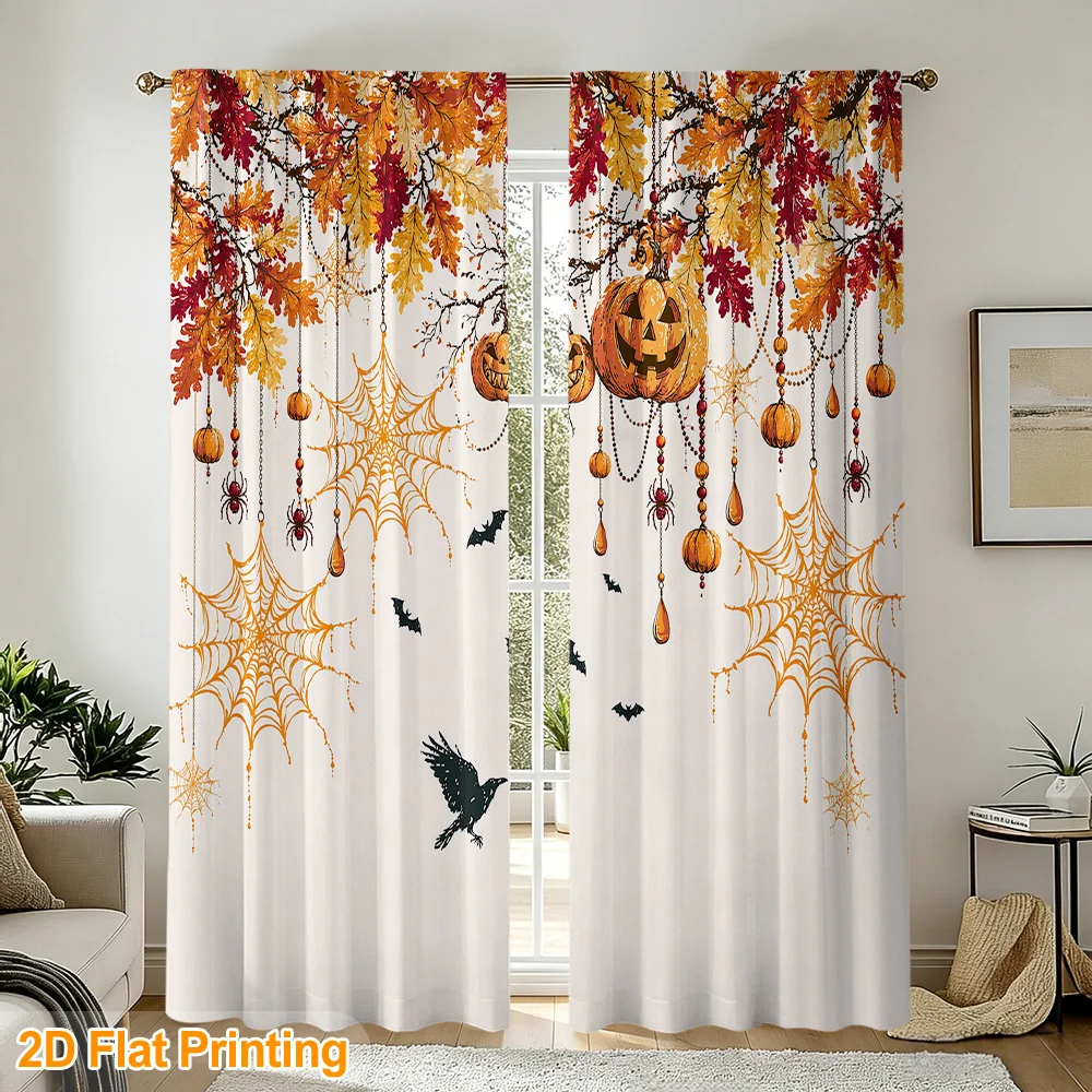 2PCS Halloween Fall Curtains, Pumpkin Spider Web Bat, Digital Print, Bedroom Living Room, Office, Kitchen, Dining Room