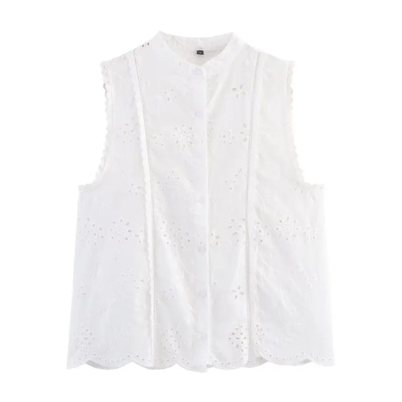 

Women's Hollow Embroidered Shirt Summer New Round Neck Sleeveless Buttons Blouses Fashion Casual Female Elegant Tops