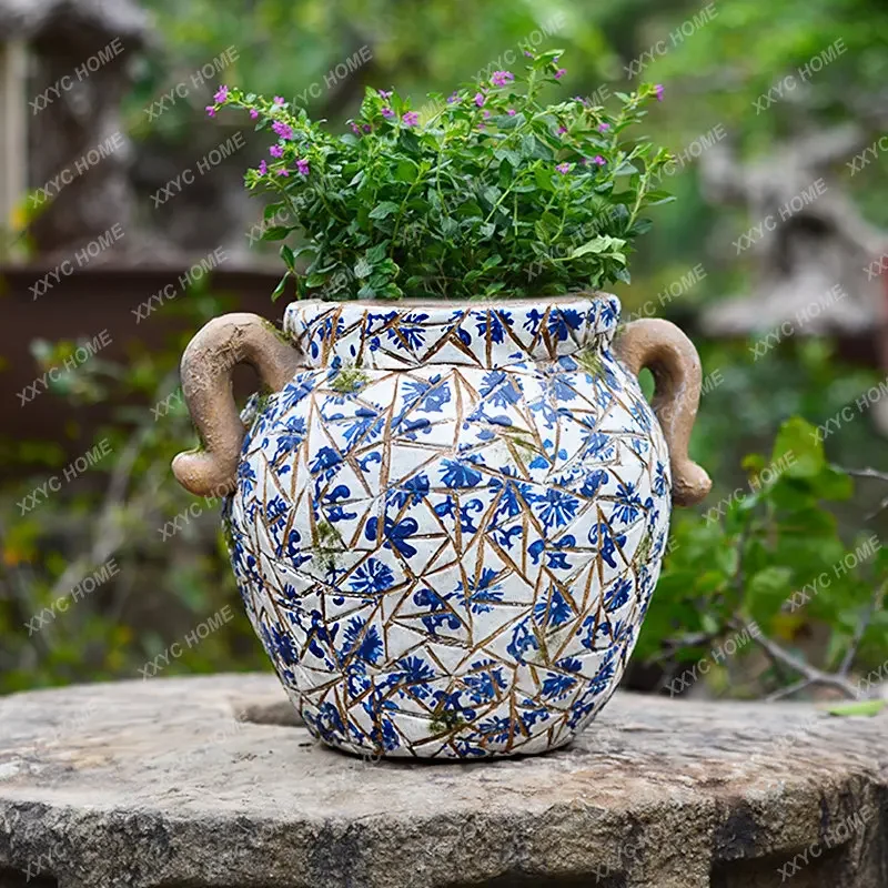 

Antique Hand Painting Green Flowerpot Decoration Courtyard Garden Balcony Outdoor Personality Home Decoration Vase Home Decor
