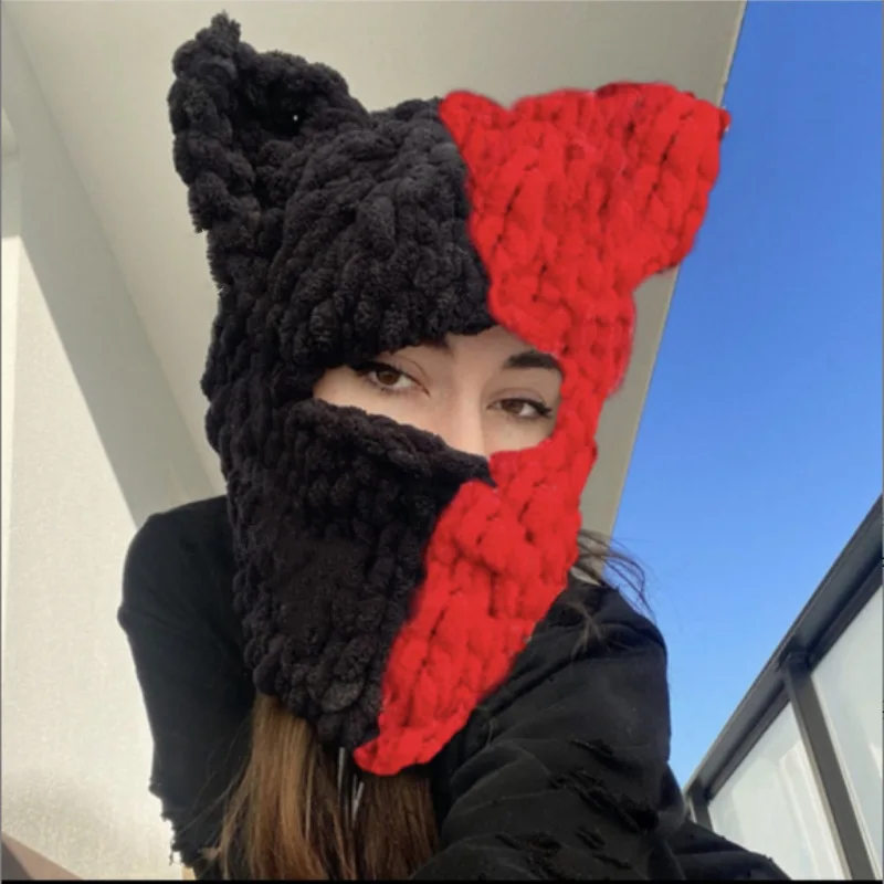 

Funny Demon Bull Horn Knitted Hat Halloween Party Funny Style Parent Child Bullhorn Unique Hat Mask Winter Woolen Hat Toy Hats