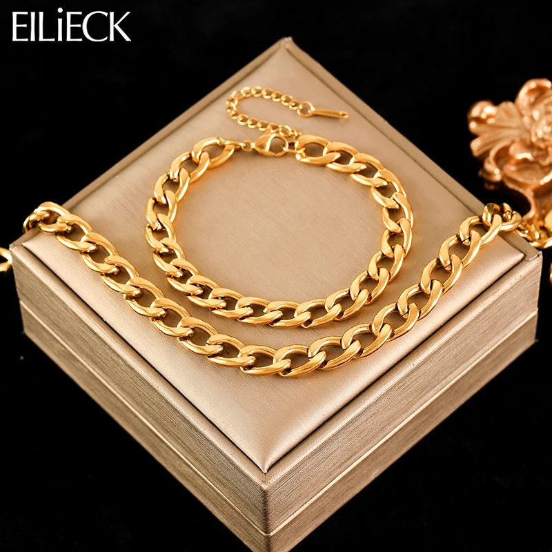 

EILIECK 316L Stainless Steel Metal Thick Cuban Chains Neckalces Bracelet Set For Women New Trendy Gold Color Jewelry Collar Gift