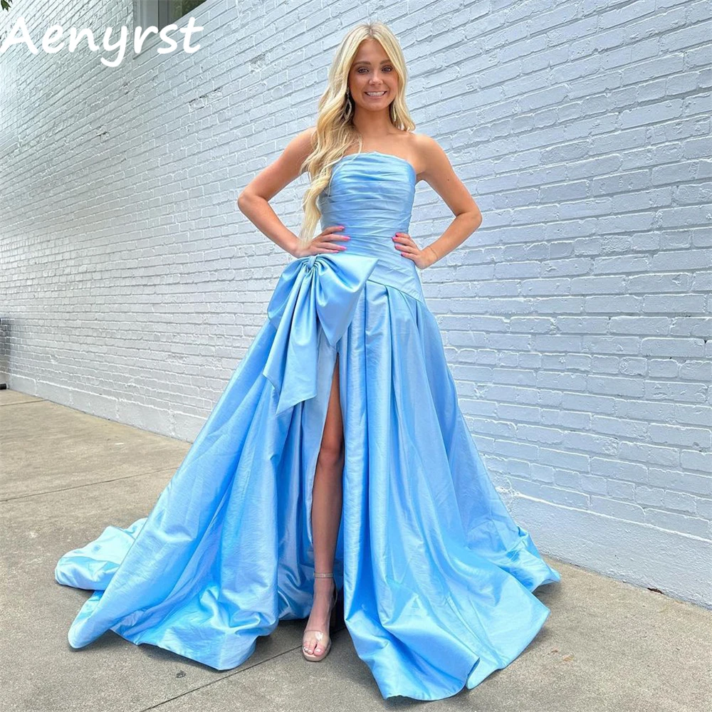 Aenyrst-vestidos de graduación plisados sin tirantes con lazo de satén, vestidos de noche con abertura lateral alta, vestido de fiesta de cena de tren de corte