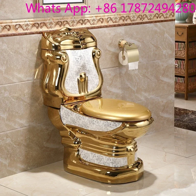 Royal Extreme Golden Electroplated Ceramic One-Piece Toilet Hotel Grade Bathroom Commode