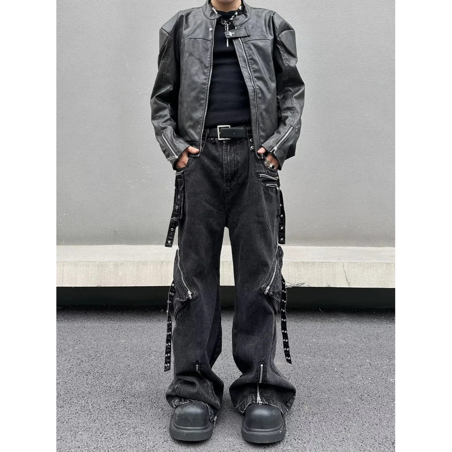 

American Style Large Size Heavy Duty Multi Pocket Zipper Workwear Pants Men's Wide Leg Floor Length Hip Hop Trendy Jeans