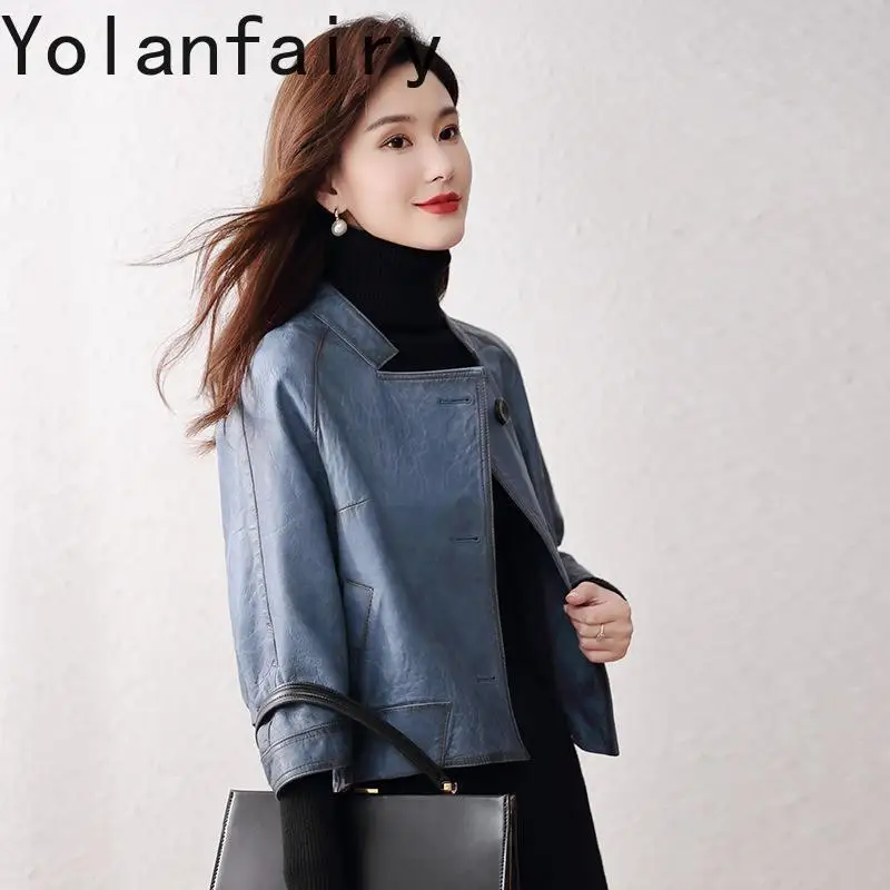 YOLANFAIRY 정품 가죽 양피 코트 여성 의류 짧은 가죽 망토 루즈 코트 및 여성용 재킷 빈티지상의