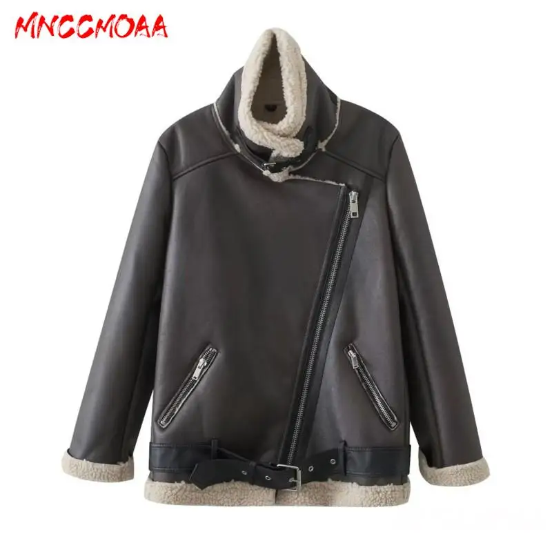 MNCCMOAA jaket kulit imitasi wanita, jaket longgar kasual, atasan hangat tebal, pakaian luar musim dingin, 2024