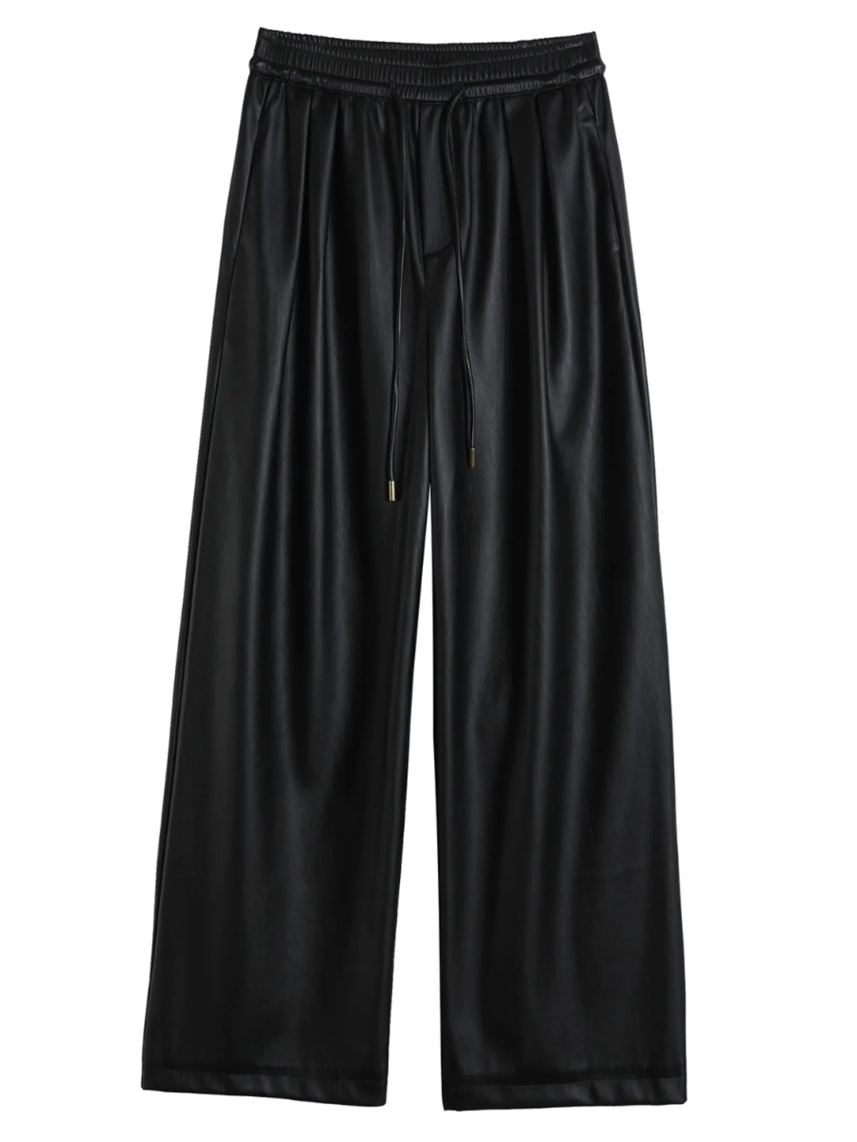 Pantaloni a gamba larga in pelle PU a vita alta Pantaloni invernali in vita elastica da donna drappeggiati dimagranti pantaloni in pelle casual foderati con gamba dritta