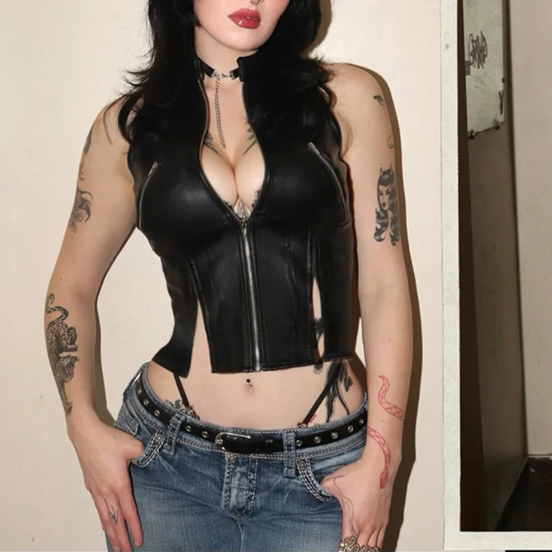 [You're My Secret] Hippie Sexy Hight Collar PU Leather Crop Top Gothic Black Women's Vest Punk Style Zipper Vest Y2k Stretwear
