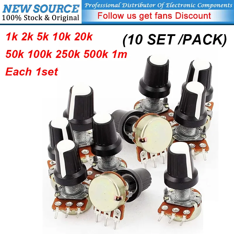 

10value kit WH148 Linear Taper Rotary Potentiometer kit With Knob Cap B1K 2K 5K B10K 20K 50K 100K 500K 1M Ohm AG2 15mm 3Pin