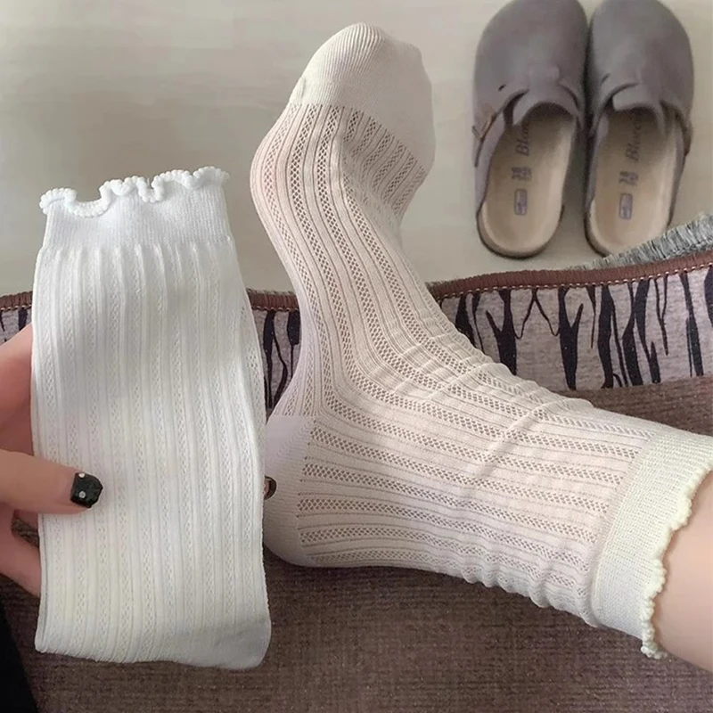 Women Thin Hollow Out Long Loose Socks JK Lolita Sweet Girls Japanese Solid Color Breathable Cotton Spring Summer Stocking
