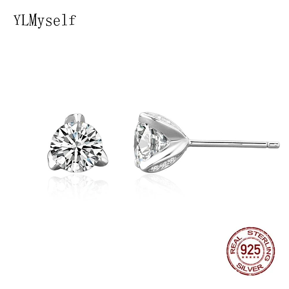 YLMyself 925 Sterling Silver 7mm CZ 3-Prong Triangle Stud Earrings for Women Elegant Wedding Jewelry
