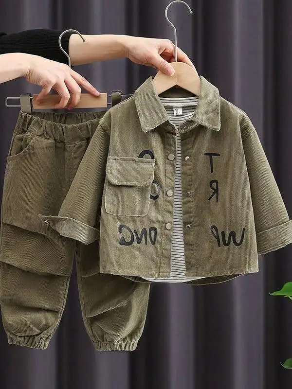 Conjunto de primavera para meninos, duas peças, roupas de bebê, camisa de manga comprida e shorts, roupas infantis modernas, ...