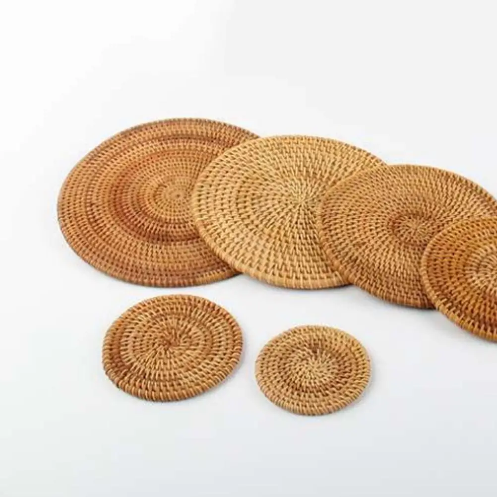 Round Rattan Coaster Insulated Cup Mat Heat Resistant Bamboo Holder Non Slip Waterproof Tea Set Pad Table Protector